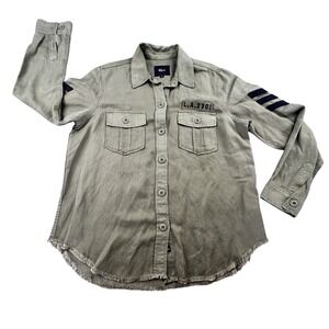 Rails Loren Military Satin Shirt Jacket Olive Black Patches‎ Women's M Lyocell